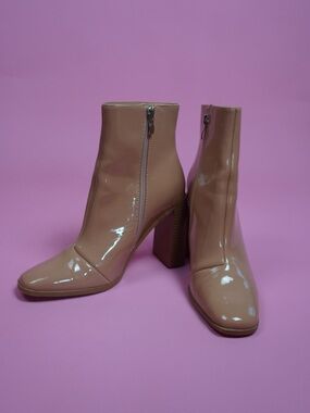 Nude Patent Block Heel Ankle Boots